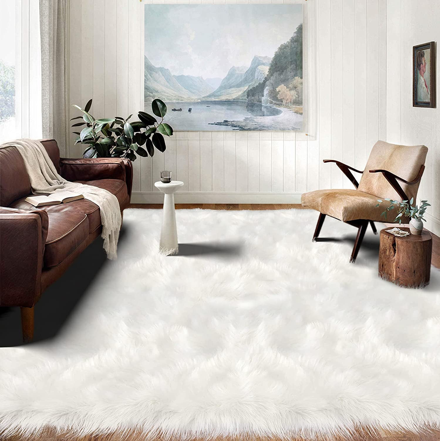 Latepis 12x12 Area Rugs for Bedroom White Faux Fur Rug Washable Super Fluffy Rug Faux Sheepskin
