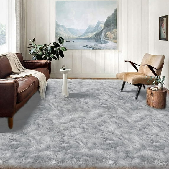 Latepis 12x12 Carpet Grey Faux Fur Rug for Living Room and Bedroom Large Fluffy Rugs Shag Rug Fuzzy Rug for Sofa Office Bedroom Square