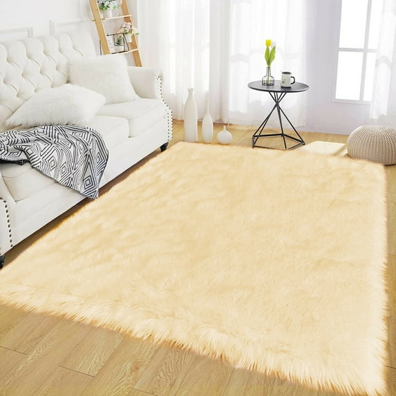 Latepis 5x8 Sheepskin Rug, Faux Fur Rug for Living Room, Nursery Room, Luxury Room Decor,Furry Fur Rug, Light Yellow, Rectangle