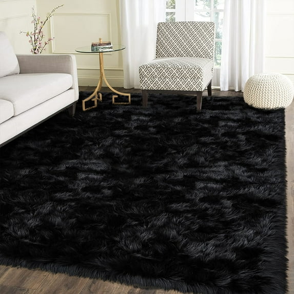 Latepis 5x8 Sheepskin Rug, Faux Fur Sheepskin Rug for Living Room, Fluffy Washable Rug for Bedroom, Nursery, Luxury Room Decor, Black Fluffy Rug, Rectangle