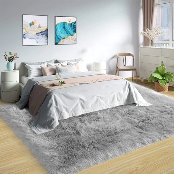Latepis 6.7x10 Area Rug, Faux Fur Sheepskin Rug for Living Room, Fluffy Washable Rug for Bedroom, Nursery, Furry Rug, Large Rug, Grey Rug, Rectangle