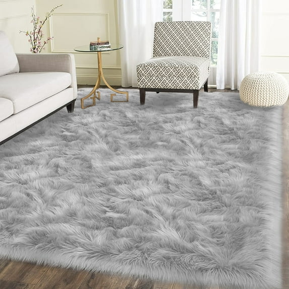 Latepis 6x8 Area Rug, Faux Fur Sheepskin Rug for Living Room, Fluffy Washable Rug for Bedroom, Nursery, Teen Bedroom Decor, Grey Rug, Rectangle