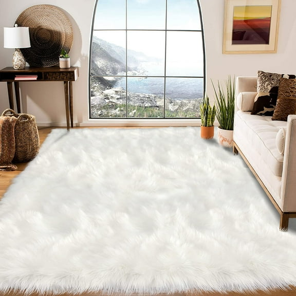 Latepis 6x8 Rug, Faux Fur Sheepskin Rug for Living Room, Fluffy Washable Rug for Bedroom, Nursery Room, Luxury Room Decor, White Fur Rug, Rectangle