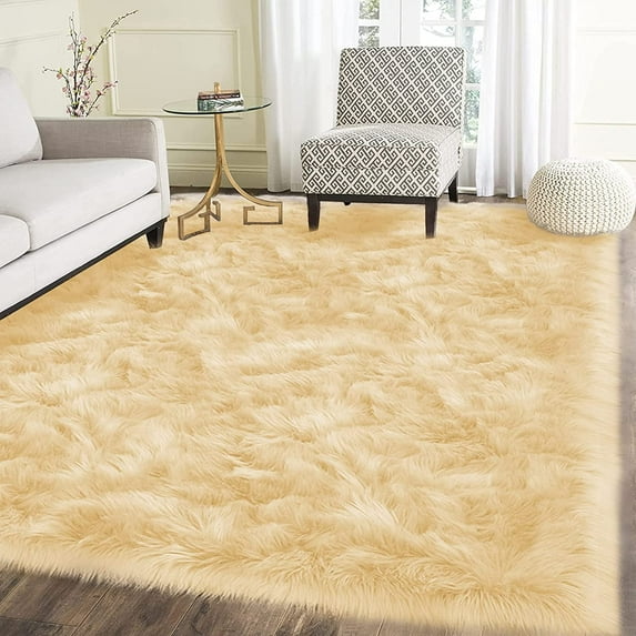 Latepis 6x8 Sheepskin Rug Light Yellow, Faux Fur Rugs for Living Room, Luxury Home Decor, Furry Shaggy Rug, Rectangle