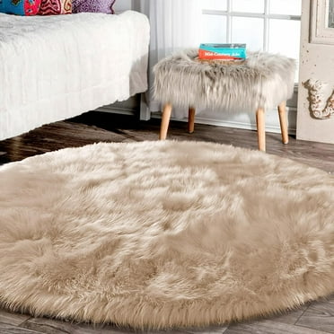 Latepis 8ft Round Rug Beige Rugs for Bedroom Fluffy Shag Rug Fuzzy Large Circle Rug Throw Rugs for Living Room Washable Faux Sheepskin Fur Rug Plush Rug Home Decor