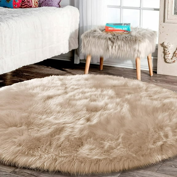Latepis 8ft Round Rug Beige Rugs for Bedroom Fluffy Shag Rug Fuzzy Large Circle Rug Throw Rugs for Living Room Washable Faux Sheepskin Fur Rug Plush Rug Home Decor