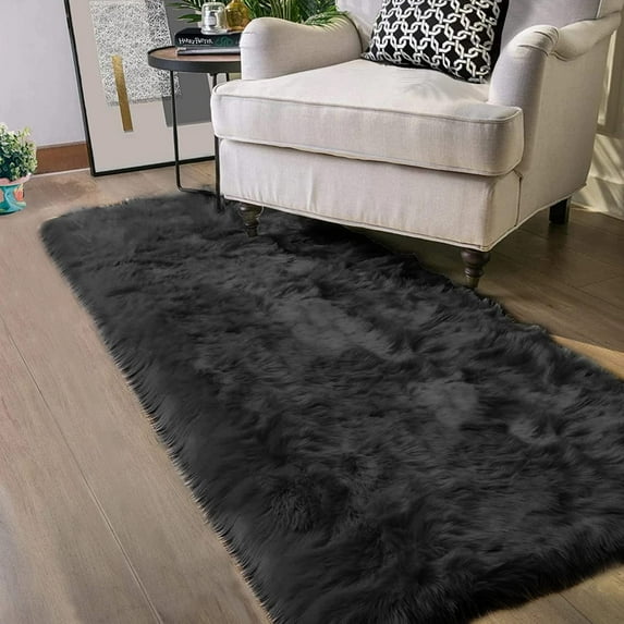 Latepis Area Rug 2x6, Faux Fur Sheepskin Rug for Living Room, Fluffy Washable Rug for Bedroom, Nursery, Luxury Room Decor, Black Fur Rug, Rectangle