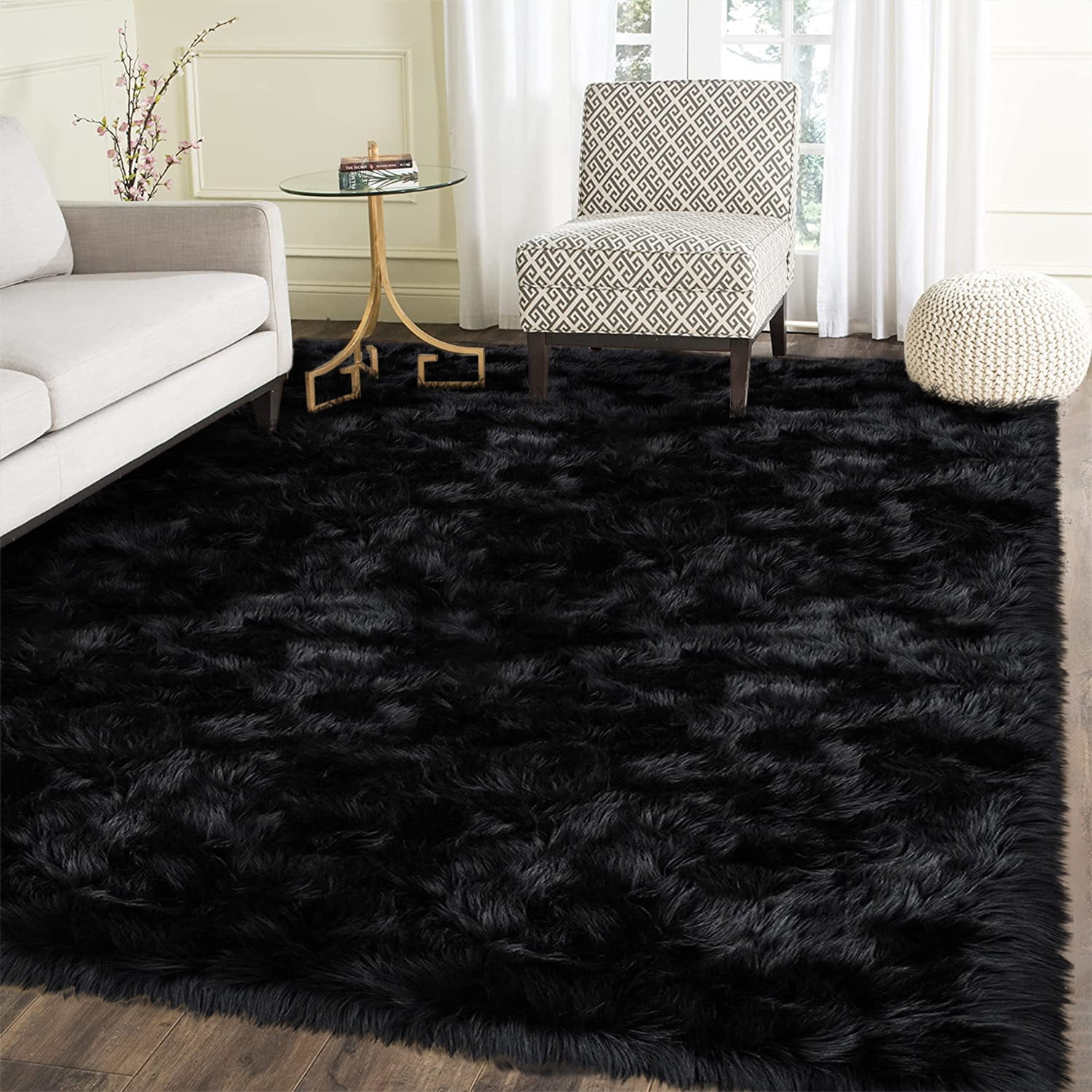 Latepis Area Rug 6.7x10, Faux Fur Sheepskin Rug for Living Room, Fluffy Washable Rug for Bedroom, Nursery, Luxury Room Decor, Black Fur Rug, Rectangle