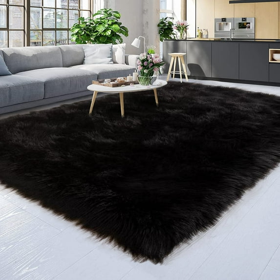 Latepis Area Rug 6x8, Faux Fur Sheepskin Rug for Living Room, Fluffy Washable Rug for Bedroom, Nursery, Luxury Room Decor, Black Fur Rug, Rectangle