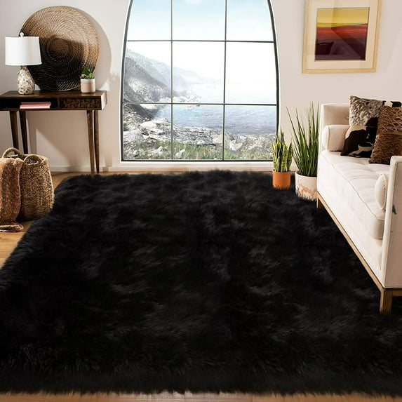 Latepis Area Rug 6x9, Faux Fur Sheepskin Rug for Living Room, Fluffy Washable Rug for Bedroom, Nursery, Luxury Room Decor, Black Fur Rug, Rectangle