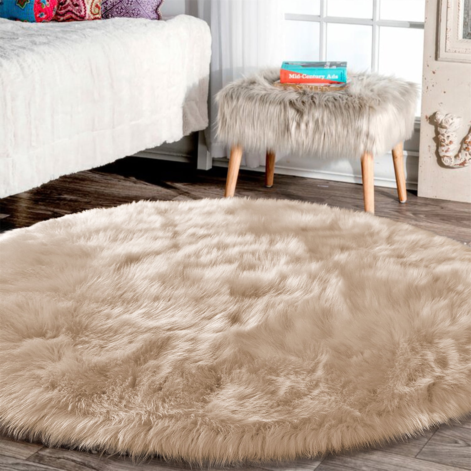 Latepis Beige Area Rug Round Area Rug 5ft Circle Fur Rug for Living Room Bedroom Rug Faux Sheepskin Rug Washable Rug Fluffy Rug Plush Rug Furry Rug Home Deocr