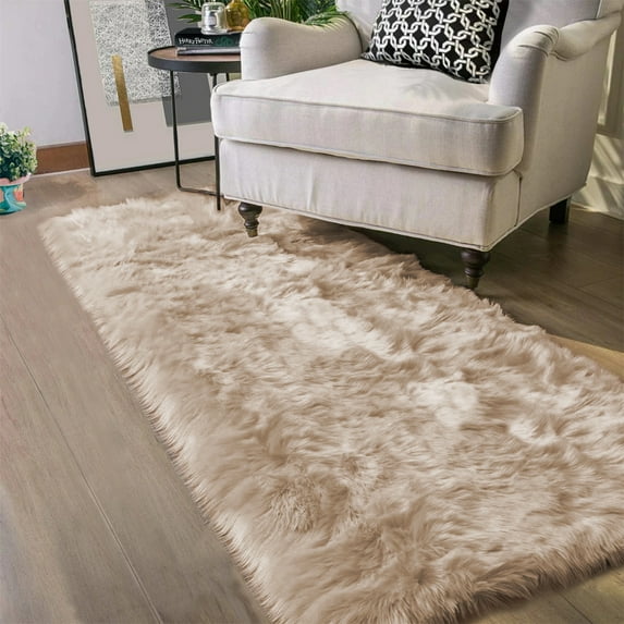 Latepis Beige Faux Sheepskin Fur Rug 2x10 Runner Rug for Hallway Non-Slip Fluffy Rug for Bedroom Living Room Rug Carpet for Home Decor Rectangle