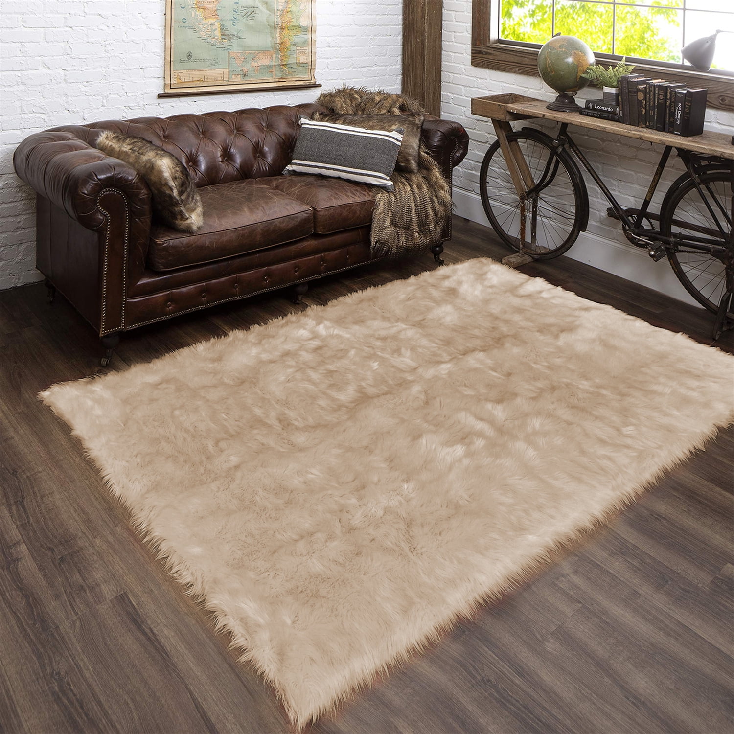 Latepis Beige Rug for Living Room Faux Fur Rug 5x7 Fluffy Rug Washable