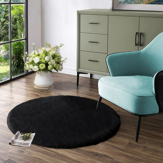 Latepis Black Faux Rabbit Shaggy Fur Rug for Bedroom Washable Furry Circle Area Rugs for Living Room Kids Small Round Rug 3ft Nursery Rug