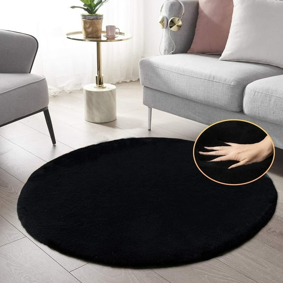 Latepis Black Round Fluffy Rugs for Bedroom Faux Rabbit Fuzzy Washable Fur Area Rugs for Living Room Small Circle Nursery Rug 4ft Cute Room Décor