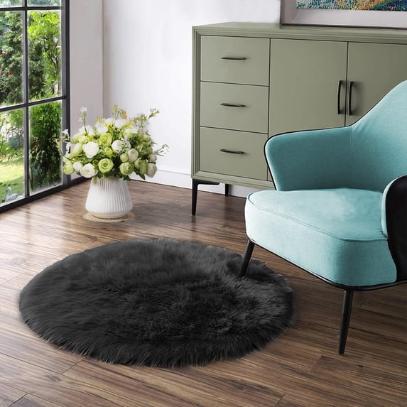 Latepis Black Round Rug 4 ft, Faux Fur Sheepskin Circle Rug for Living Room, Fluffy Washable Rug for Bedroom, Nursery, Teen Room, Dorm, Cute Room Décor