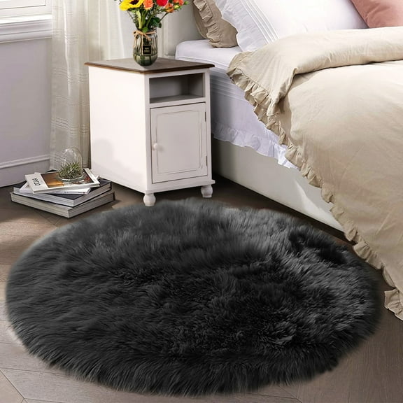 Latepis Black Round Rug 6.7 ft, Faux Fur Sheepskin Circle Rug for Living Room, Fluffy Washable Rug for Bedroom, Nursery, Teen Room, Dorm, Cute Room Décor