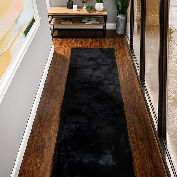 Latepis Black Shag Faux Rabbit Fluffy Fur Rugs for Bedroom Machine Washable Runner Rugs for Living Room 2x8 Runner Rug Nursery Rug