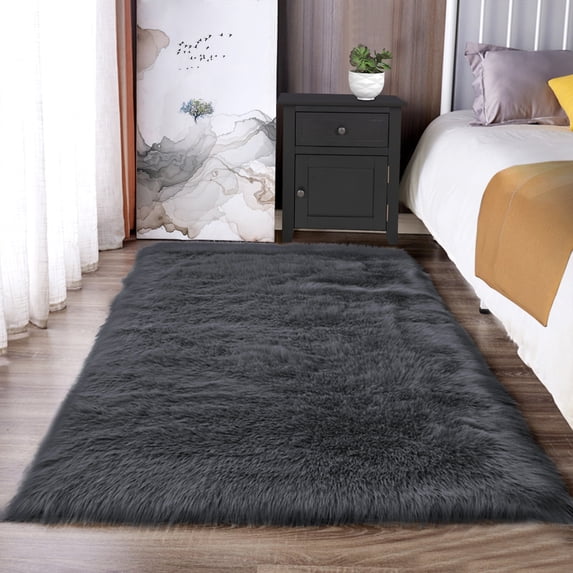 Fluffy Datk Grey Rugs Latepis Faux Sheepskin Rug 3x5, Dark Grey, Fluffy Shaggy for Living ...