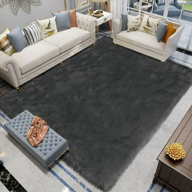 Latepis Dark Grey Fur Rug 8x10, Faux Sheepskin Rug for Living Room