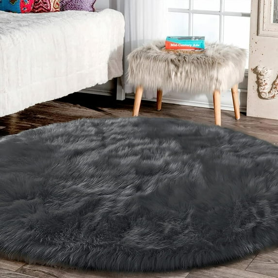Latepis Dark Grey Round Area Rug 8 ft Large Faux Sheepskin Fur Rug Fluffy Washable Rug for Living Room Shag Rug Soft Shaggy Rug for Bedroom Accent Rug Room Carpet