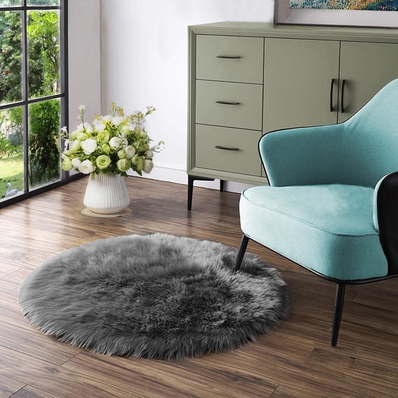 Latepis Dark Grey Sheepskin Circle Rug 4 ft, Faux Fur Round Rug for Living Room, Boho Rugs, Washable Bedroom Rugs, Fluffy Nursery Rug, Teen Room, Dorm, Cute Room Décor