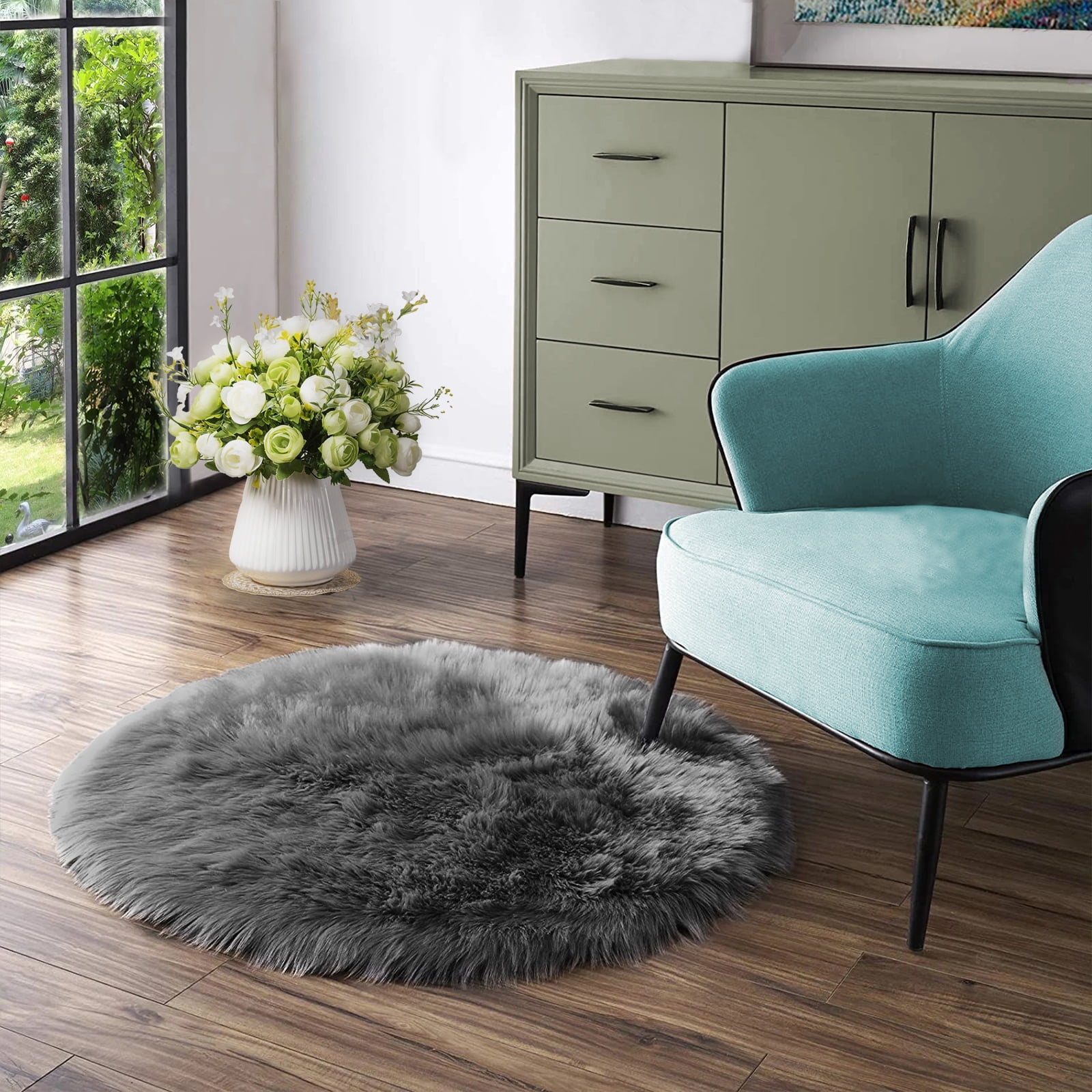 Latepis Dark Grey Sheepskin Circle Rug 5 ft, Faux Round Rug for Living Room, Boho Rugs, Fluffy Washable Rug for Bedroom, Nursery, Teen Room, Dorm, Cute Room Décor