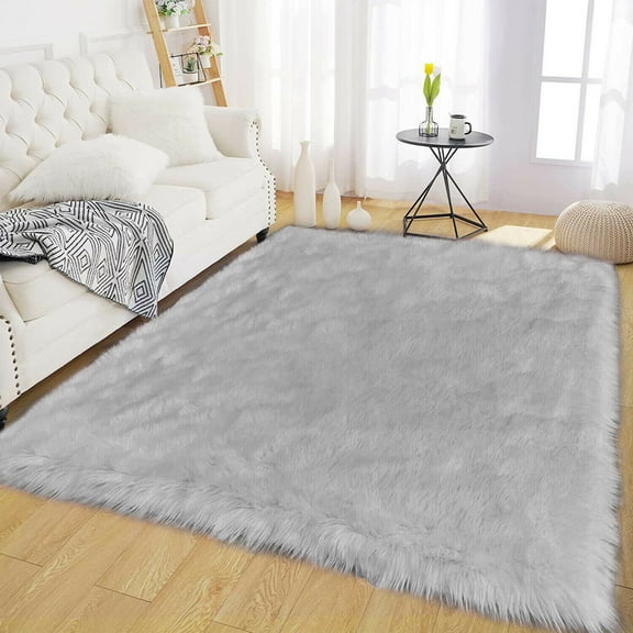 Latepis Faux Fur Rug 5x8, Faux Sheepskin Rug for Living Room, Fluffy Washable Rug for Bedroom, Nursery, Teen Bedroom Decor, Grey Fur Rugs, Rectangle