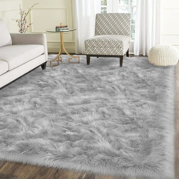 Latepis Faux Fur Rug 6x9, Faux Sheepskin Rug for Living Room, Fluffy Washable Rug for Bedroom, Nursery, Teen Bedroom Decor, Grey Furry Rug, Rectangle