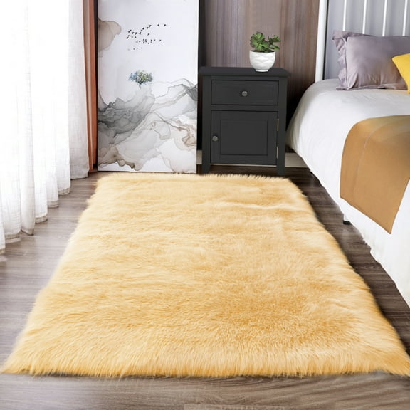 Latepis Fur Rug 3x5, Faux Sheepskin Rugs for Living Room,Teen Room, Dorm, Furry Rug, Boho Rug, Light Yellow, Rectangle
