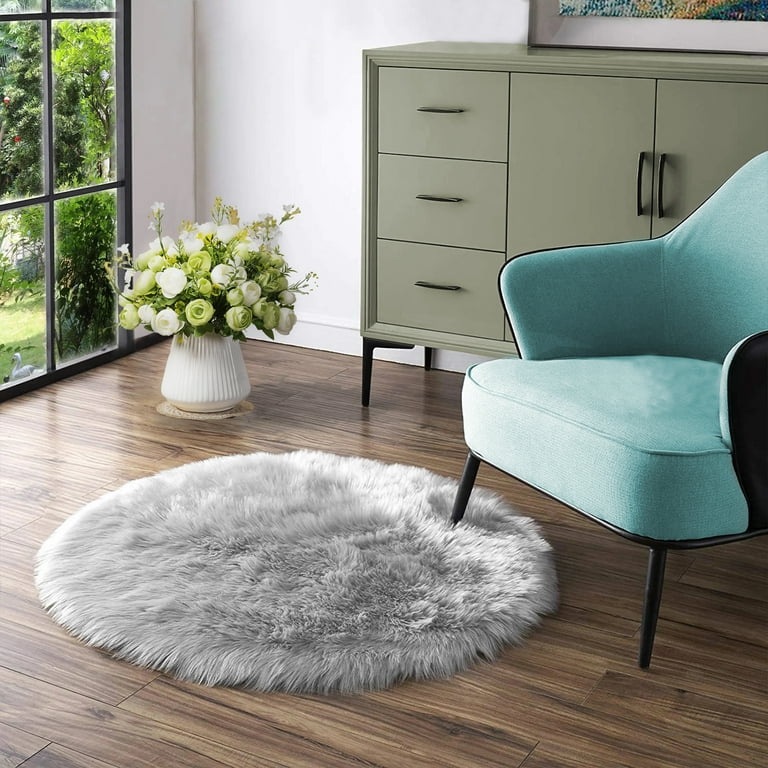 Latepis Grey Round Rug 4 ft Faux Fur Sheepskin Circle Rug for Living Room Fluffy Washable Rug for Bedroom Nursery Teen Room Dorm Cute Room Decor Walmart