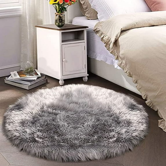Latepis Grey Round Rug 6.7 ft, Faux Fur Sheepskin Circle Rug for Living Room, Fluffy Washable Rug for Bedroom, Nursery, Teen Room, Dorm, Cute Room Décor
