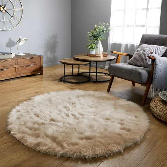 Latepis Large Round Rug 6ft Beige Circle Rug Faux Sheepskin Rug Fluffy Fur Rug Plush Shag Rug for Living Room Bedroom Carpet Nursery Rug Home Decor