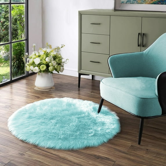 Latepis Light Blue Fur Round Rug 3 ft, Faux Sheepskin Circle Rug for Living Room, Boho Rugs, Bedroom Rugs Fluffy, Kid's Room, Teen Room, Dorm, Cute Room Décor