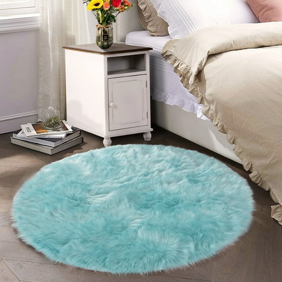 Latepis Light Blue Fur Round Rug 6 ft, Faux Fur Sheepskin Circle Rug for Living Room, Boho Rugs, Bedroom Fluffy Rugs, Furry Kid's Rugs, Teen Room, Dorm, Cute Room Décor