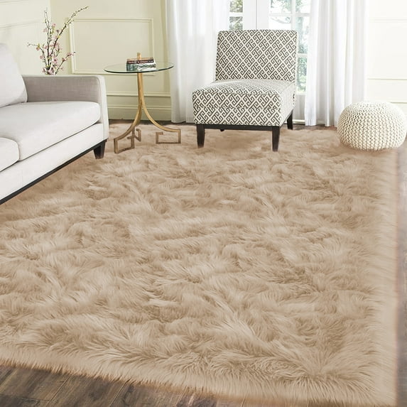 Latepis Living Room Carpet Beige Large Area Rug 6x8 Rug Washable Faux Fur Rug Fluffy Sheepskin Rug for Bedroom Nursery Playroom Throw Rug Home Decor Rectangle
