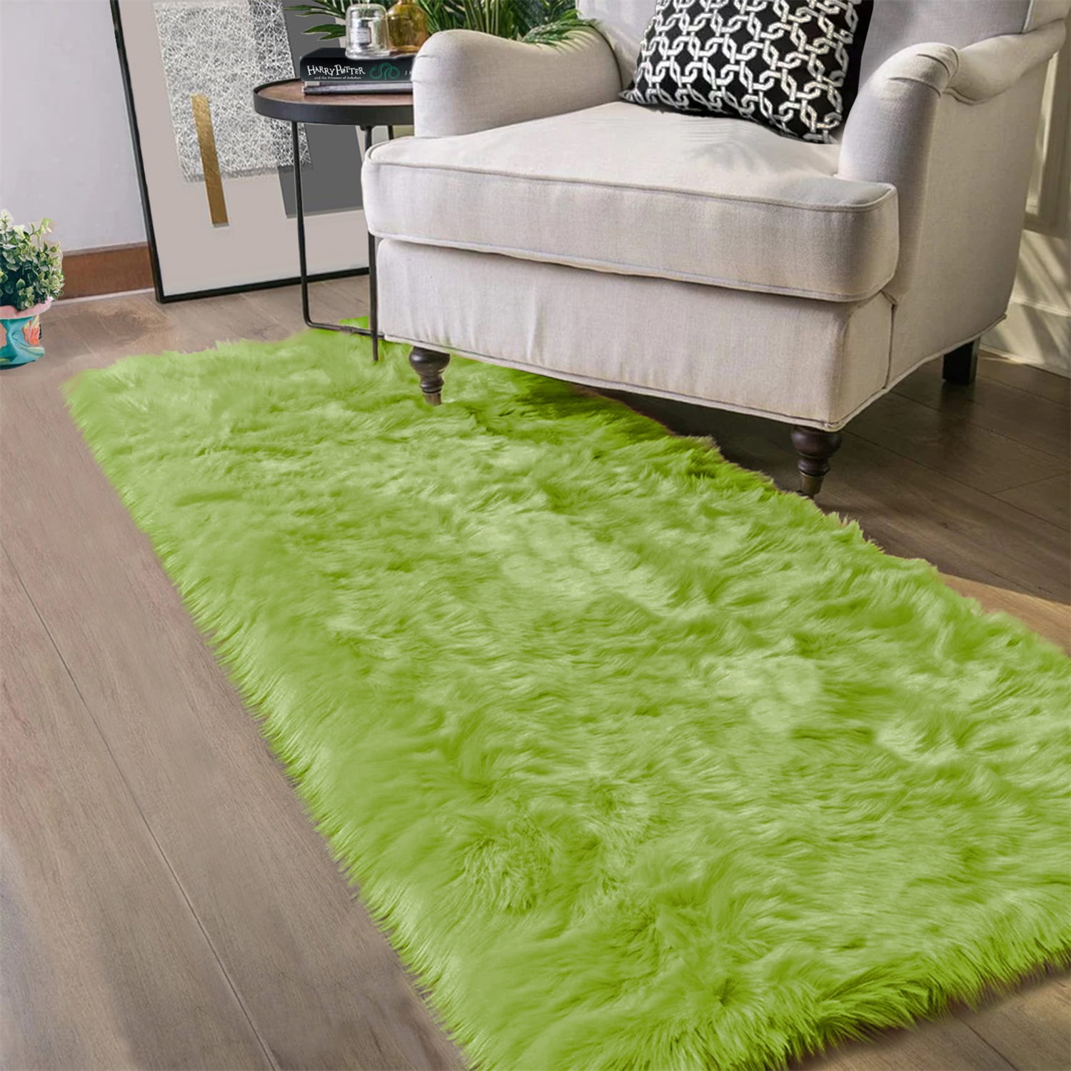Latepis Olive Grass Green Carpet Runner 2x5 Faux Fur Rug Washable
