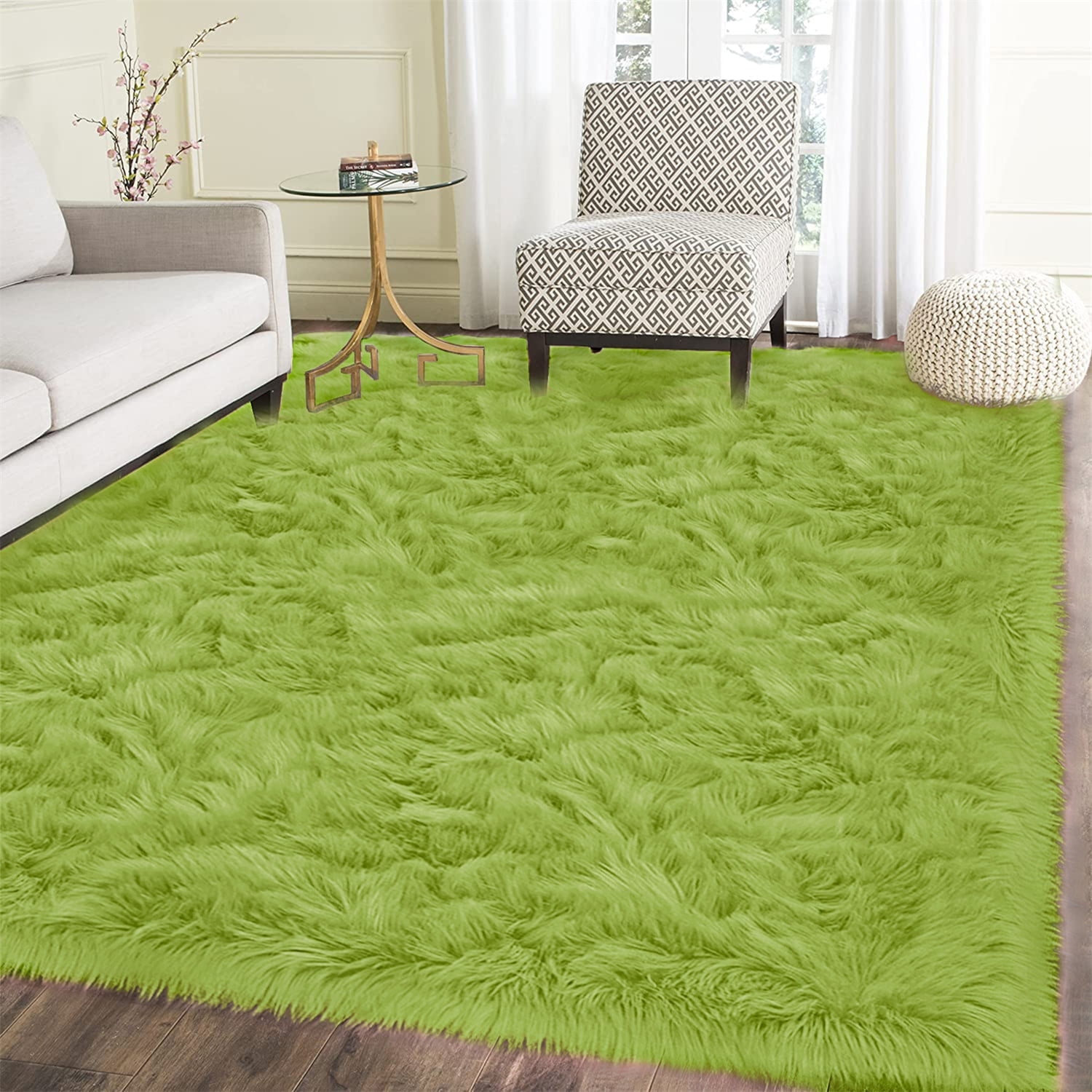 Latepis Plush Olive Green Rug, 6x9ft Faux Fur, Washable for Living Room