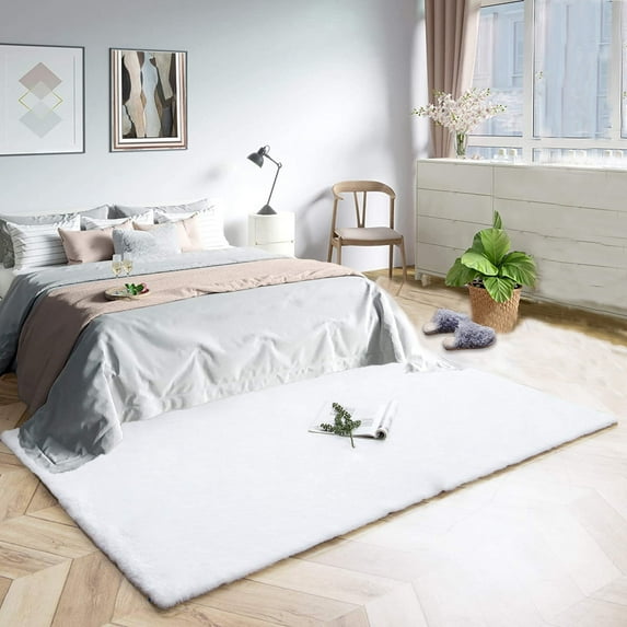 Latepis Rabbit fur Rug 4x6, Faux Rabbit Fur Rug for Living Room, Fluffy Faux fox fur Washable Rug for Bedroom, Nursery Room, Luxury Room Decor, White Sheepskin Fur Rug, Rectangle