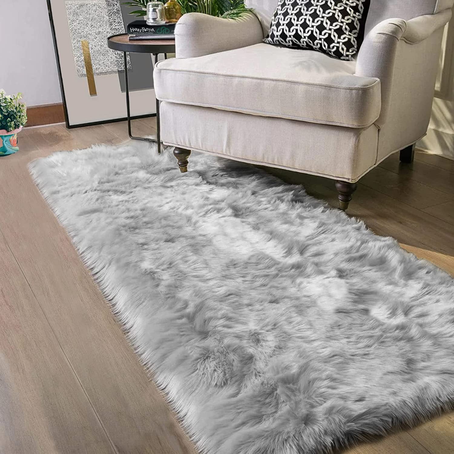 Two Fur Rug Latepis 2x8 Faux Sheepskin Fur Runner Rug, Grey, Washable, Fluffy ...