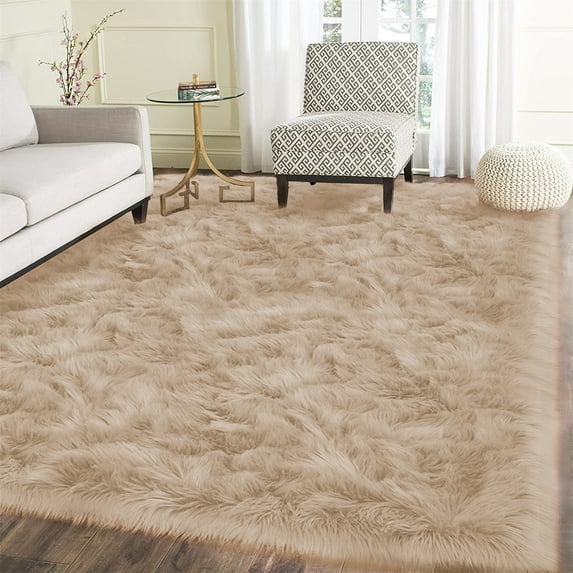 Latepis Shag Area Rug 6.7x10 Rug Beige Washable Faux Fur Rug Fluffy Rug for Living Room Shaggy Sheepskin Rug for Bedroom Room Carpet Nursery Rug Accent Rug Home Decor Rectangle