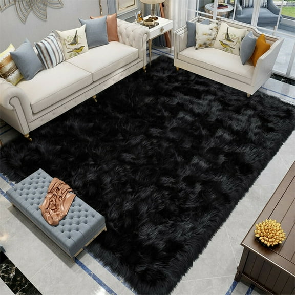 Latepis Shag Rugs 8x10, Faux Fur Sheepskin Rug for Living Room, Fluffy Washable Rug for Bedroom, Nursery, Luxury Room Decor, Black Rug, Rectangle