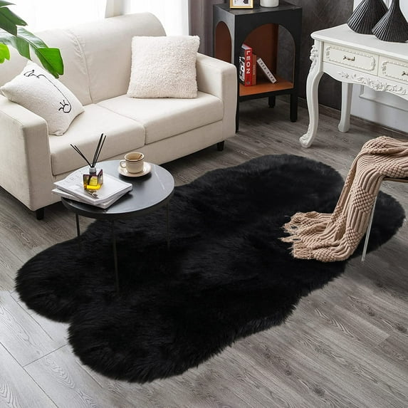 Latepis Soft Faux Sheepskin Fur Rug 4x6 Feet Black Fluffy Rug Shag Nursery Rug Carpet Area Rug for Living Room Bedroom Playing Room, Home Decor, Sheepskin