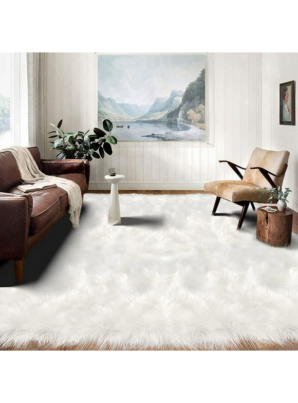 Latepis Super Large 9x12 Faux Fur Rug Area Rug for Living Room Floor Sofa Fluffy Sheepskin Rug for Bedroom, White