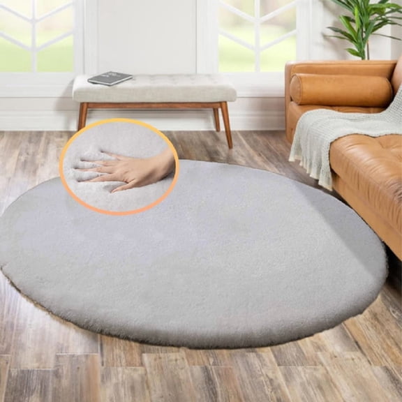 Latepis Washable Furry 5ft Round Area Rugs for Living Room Bedroom Light Grey Circle Faux Rabbit Shaggy Fur Rug Teen Room Décor