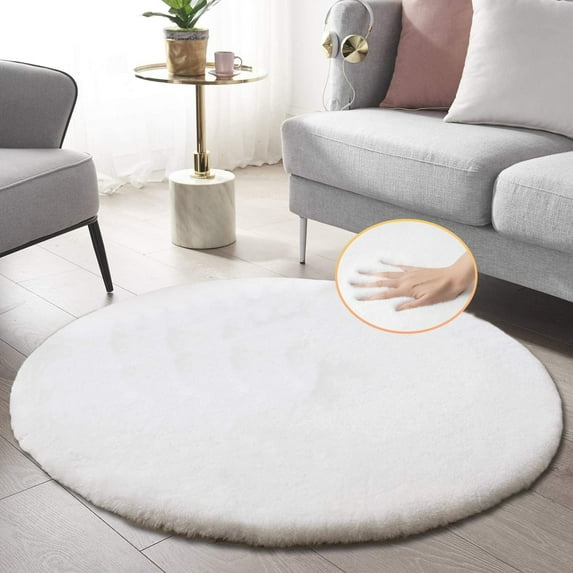 Latepis White Faux Fur Round Rug 4ft Fluffy Rabbit Fur Rug Machine Washable Circle Area Rugs for Living Room Bedroom Home Teen Room Nursery Décor