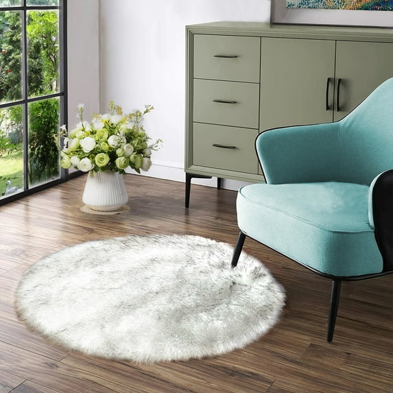 Latepis White with Grey Tips Fur Round Rug 3 ft, Faux Sheepskin Circle Rug for Living Room, Boho Rugs, Bedroom Rugs Fluffy, Kid's Room, Teen Room, Dorm, Cute Room Décor