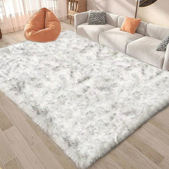 Latepis White with Grey Tips Fur Rug 5x6.7, Faux Sheepskin Rug for Living Room, Fluffy Washable Rug for Bedroom, Nursery Room, Teen Room Decor, Furry Rug, Rectangle