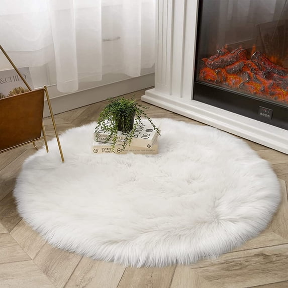Latepis White Round Rug 6.7 ft, Faux Fur Sheepskin Circle Rug for Living Room, Fluffy Washable Rug for Bedroom, Nursery, Teen Room, Dorm, Cute Room Décor
