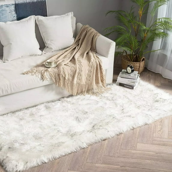 Latepis White with Grey Tips 2x5 Fur Runner Rug, Faux Sheepskin Rugs for Living Room, Bedroom Rugs Fluffy, Teen Room, Home Decor, Fuzzy Rug, Runner